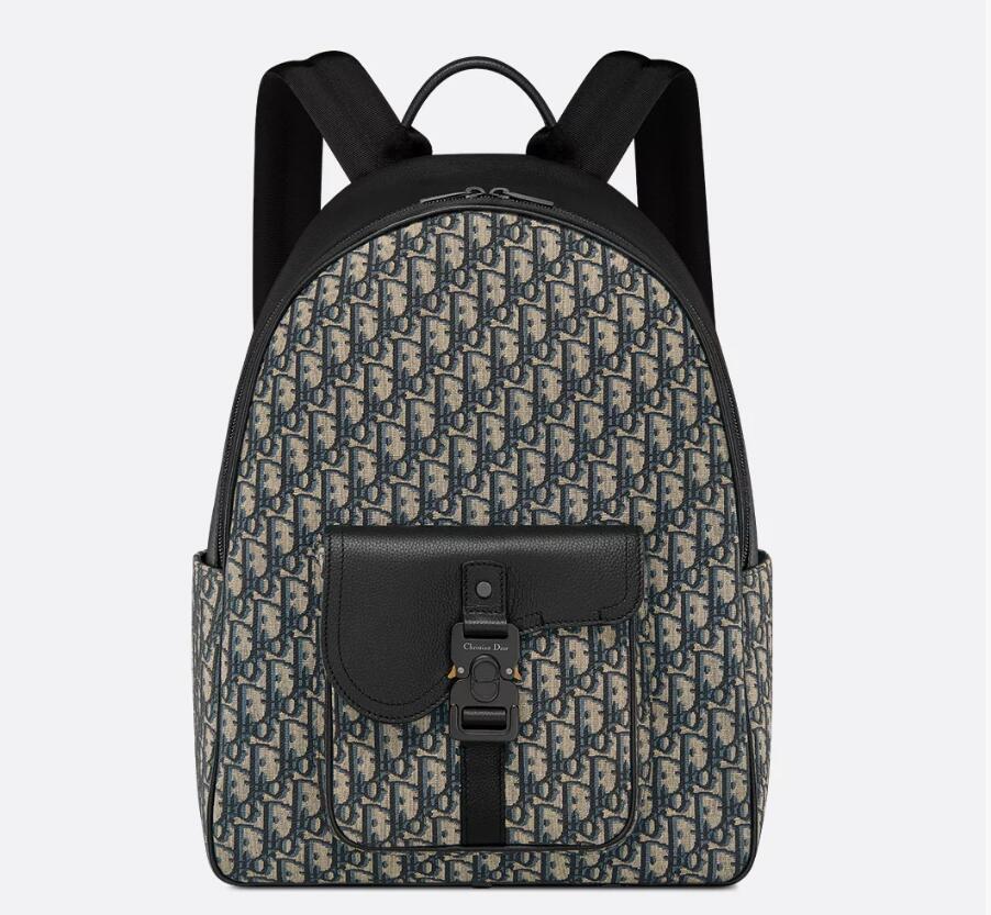 Saddle Zip Backpack Beige and Black Dior Oblique Jacquard with Black Grained Calfskin