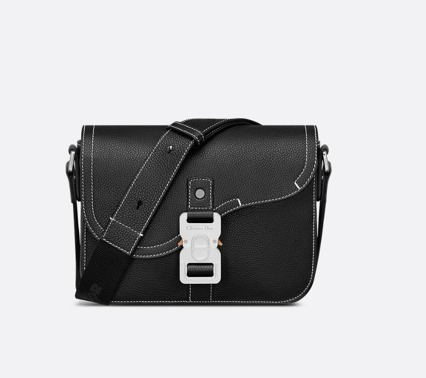 Small Saddle Messenger Bag with Flap Black Grained Calfskin 19.5 x 13 x 4.3cm