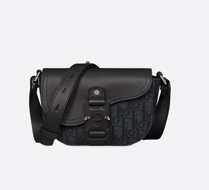 Mini Saddle Messenger Bag with Flap Black Dior Oblique Jacquard and Black Grained Calfskin 19.5 x 13 x 4.3 cm