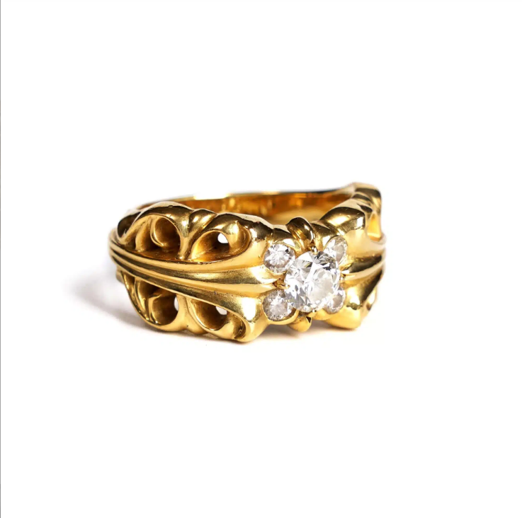 CHROME HEARTS 22K GOLD DOUBLE FLORAL RING WITH 5 DIAMONDS