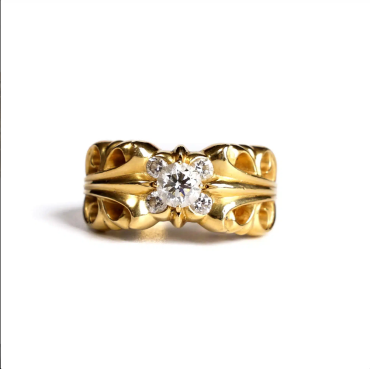 CHROME HEARTS 22K GOLD DOUBLE FLORAL RING WITH 5 DIAMONDS