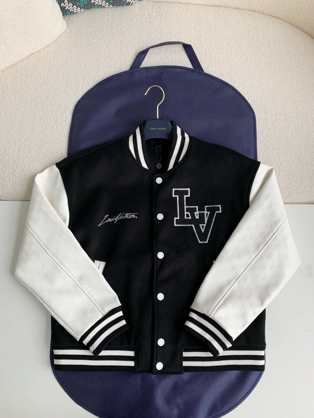 Louis Vuitton Faux leather patchwork sl eeve baseball uniform