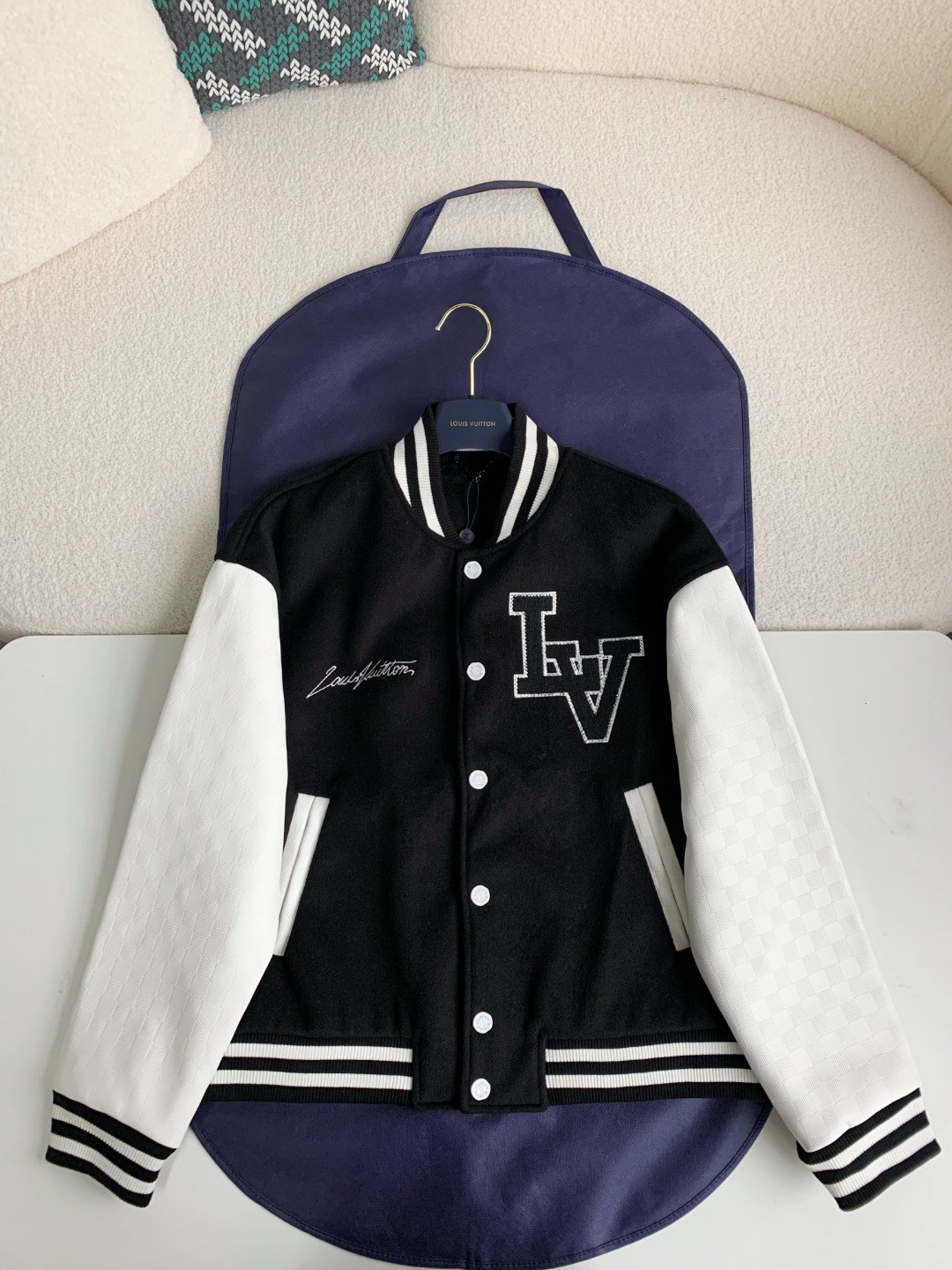 Louis Vuitton Faux leather patchwork sl eeve baseball uniform