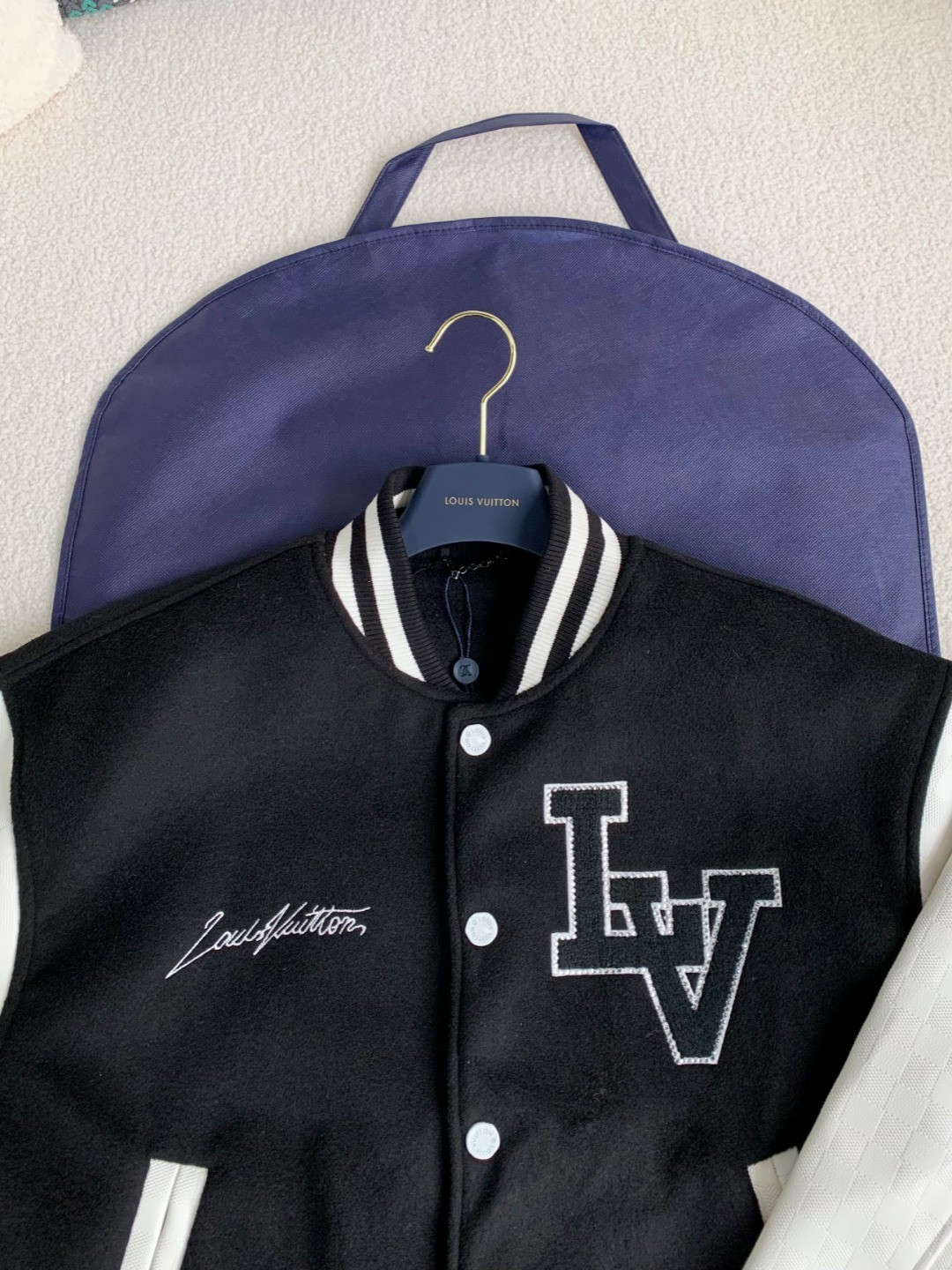 Louis Vuitton Faux leather patchwork sl eeve baseball uniform