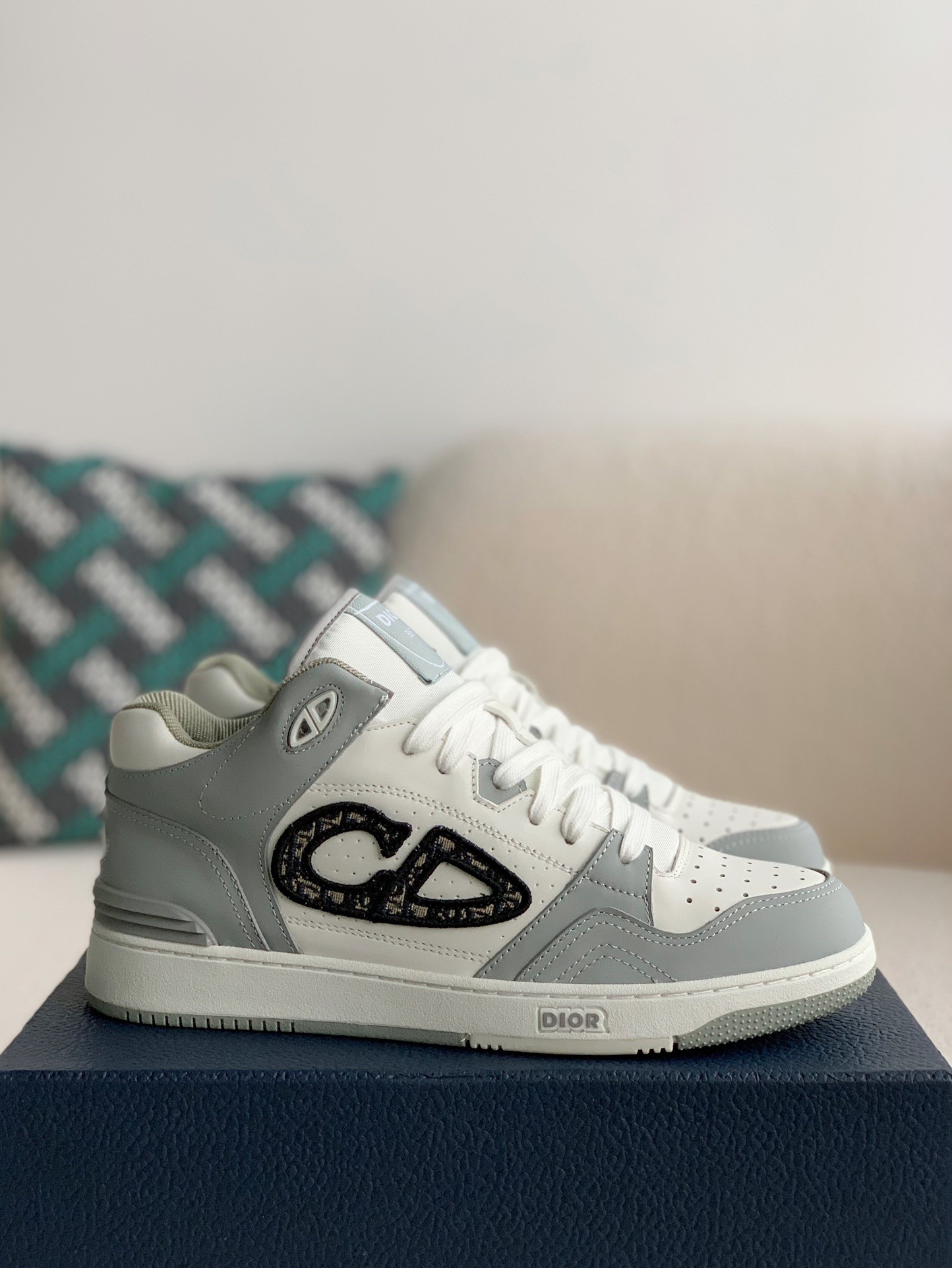 B57 Mid-Top Sneaker Gray and White Smooth Calfskin with Beige and Black Dior Oblique Jacquard