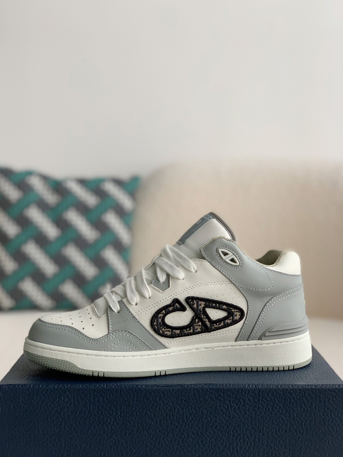 B57 Mid-Top Sneaker Gray and White Smooth Calfskin with Beige and Black Dior Oblique Jacquard