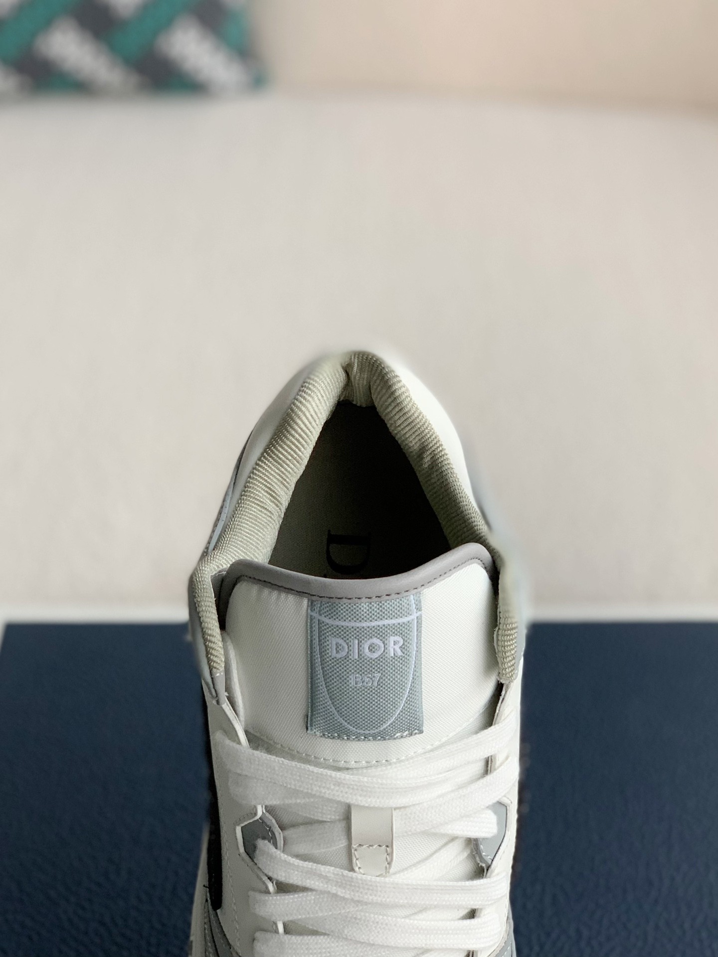 B57 Mid-Top Sneaker Gray and White Smooth Calfskin with Beige and Black Dior Oblique Jacquard