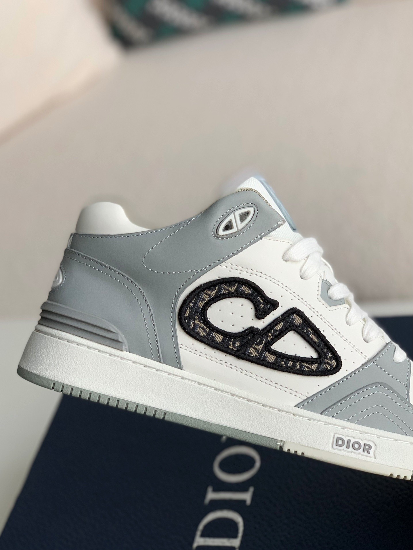 B57 Mid-Top Sneaker Gray and White Smooth Calfskin with Beige and Black Dior Oblique Jacquard