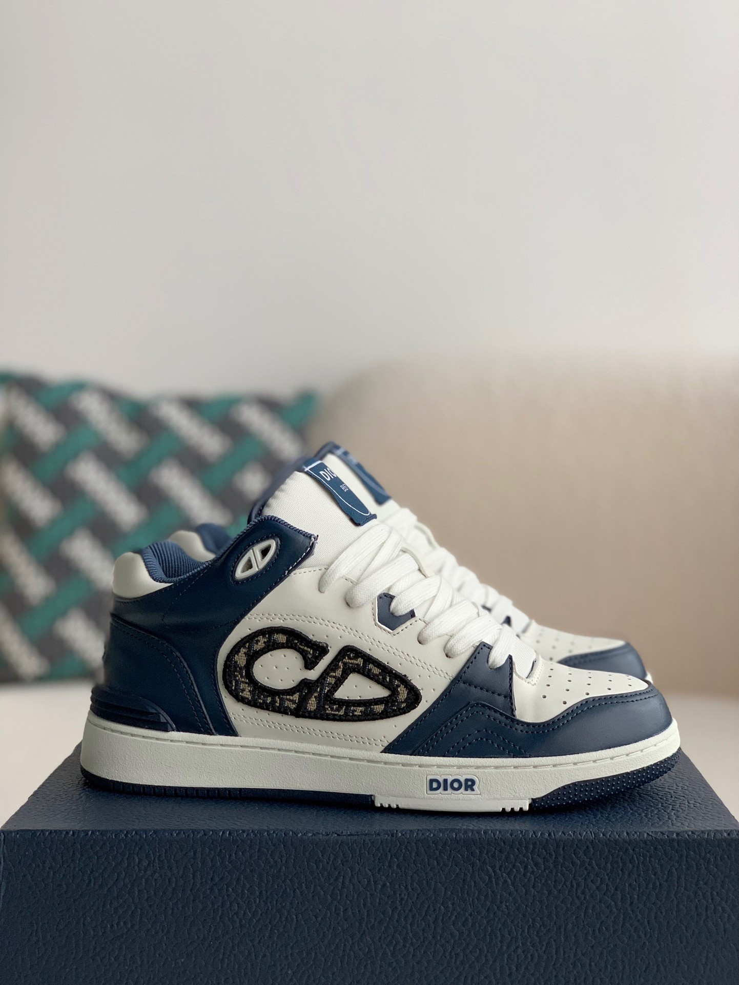 B57 Mid-Top Sneaker Navy Blue and White Smooth Calfskin with Beige and Black Dior Oblique Jacquard