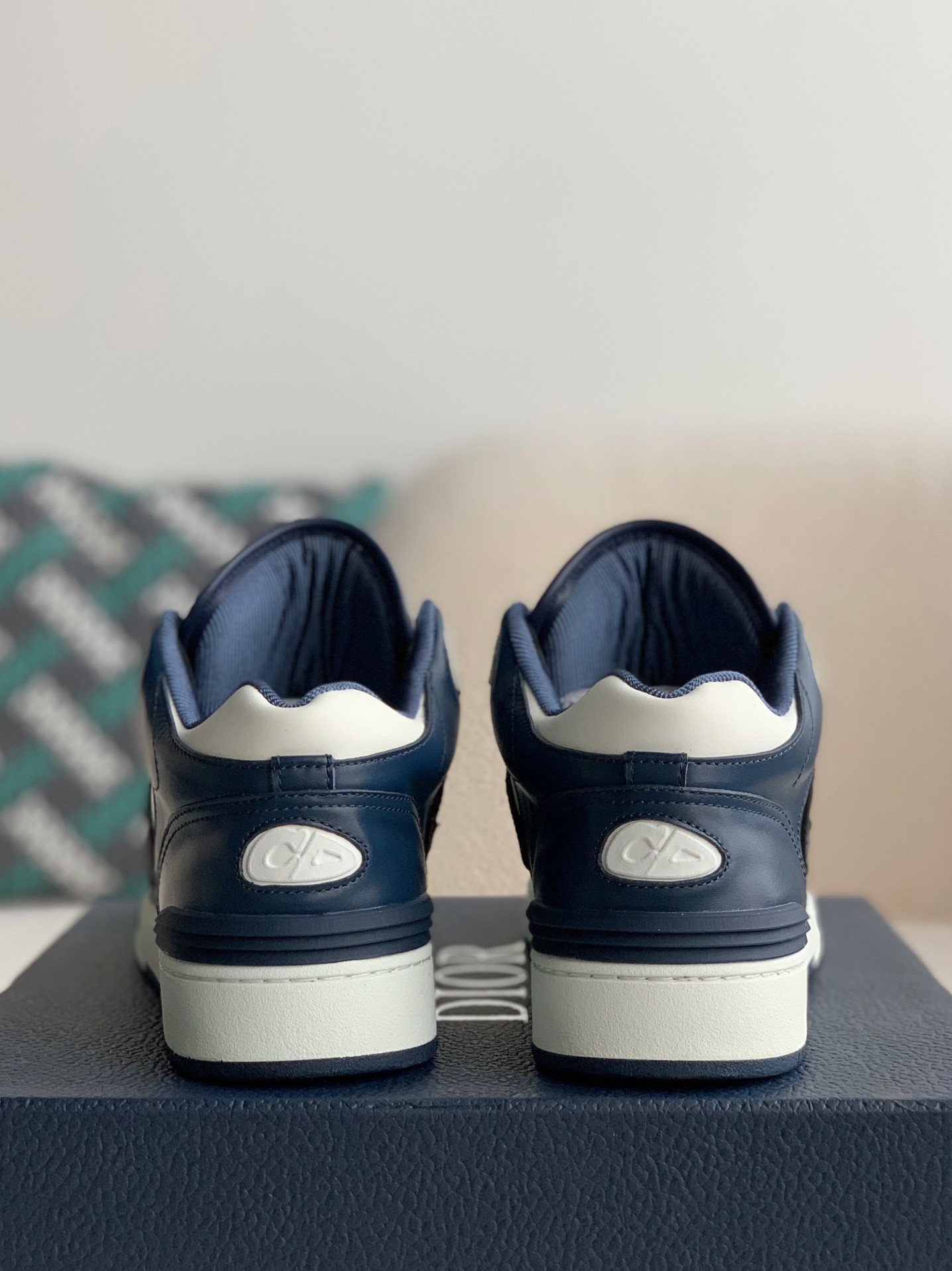 B57 Mid-Top Sneaker Navy Blue and White Smooth Calfskin with Beige and Black Dior Oblique Jacquard