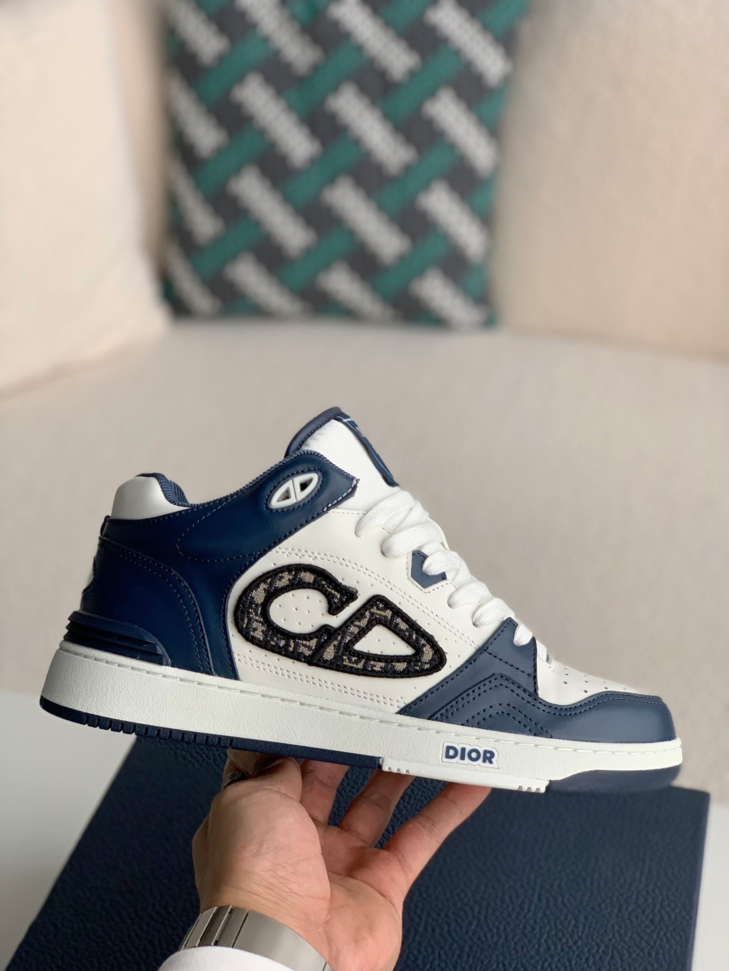 B57 Mid-Top Sneaker Navy Blue and White Smooth Calfskin with Beige and Black Dior Oblique Jacquard