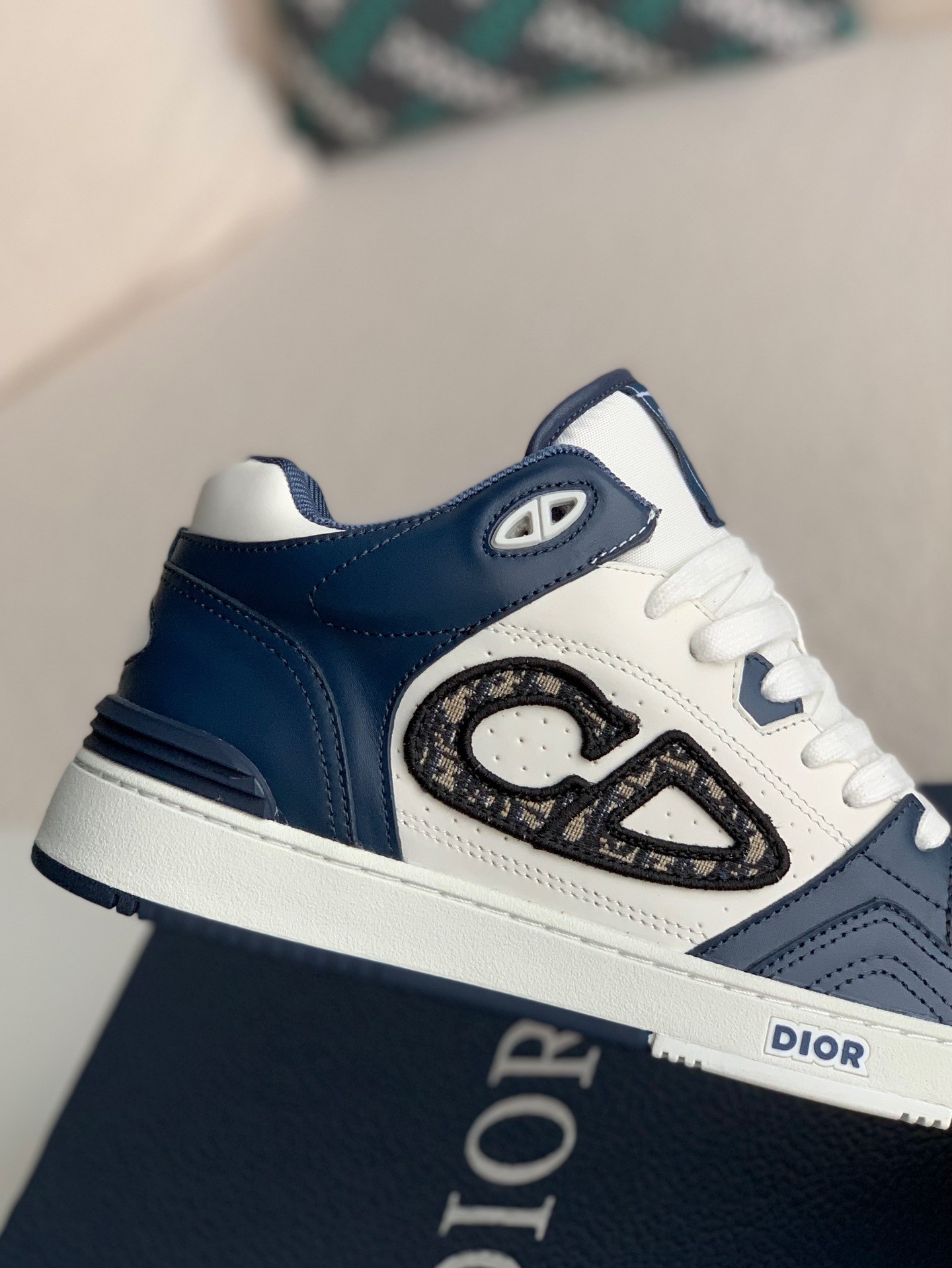 B57 Mid-Top Sneaker Navy Blue and White Smooth Calfskin with Beige and Black Dior Oblique Jacquard