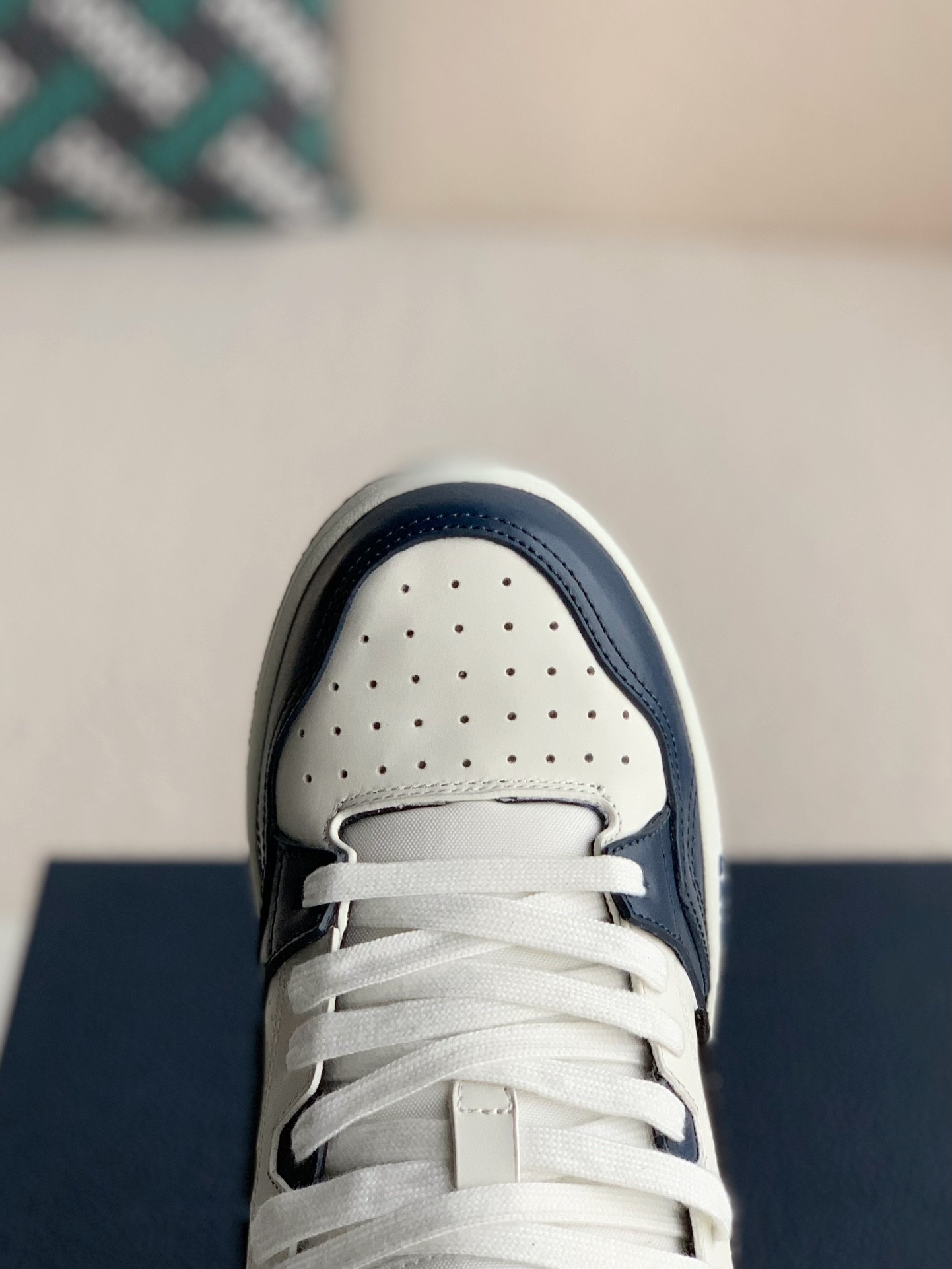 B57 Mid-Top Sneaker Navy Blue and White Smooth Calfskin with Beige and Black Dior Oblique Jacquard