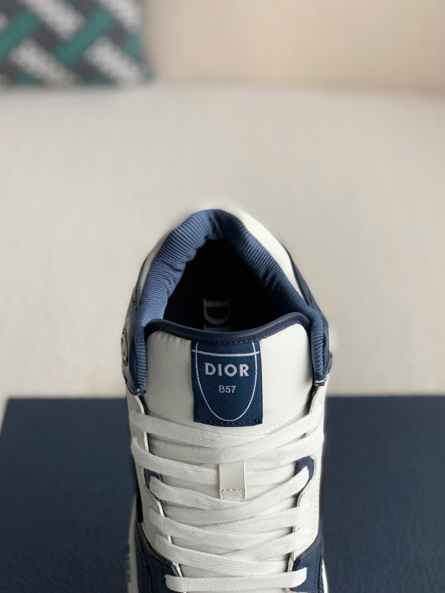 B57 Mid-Top Sneaker Navy Blue and White Smooth Calfskin with Beige and Black Dior Oblique Jacquard