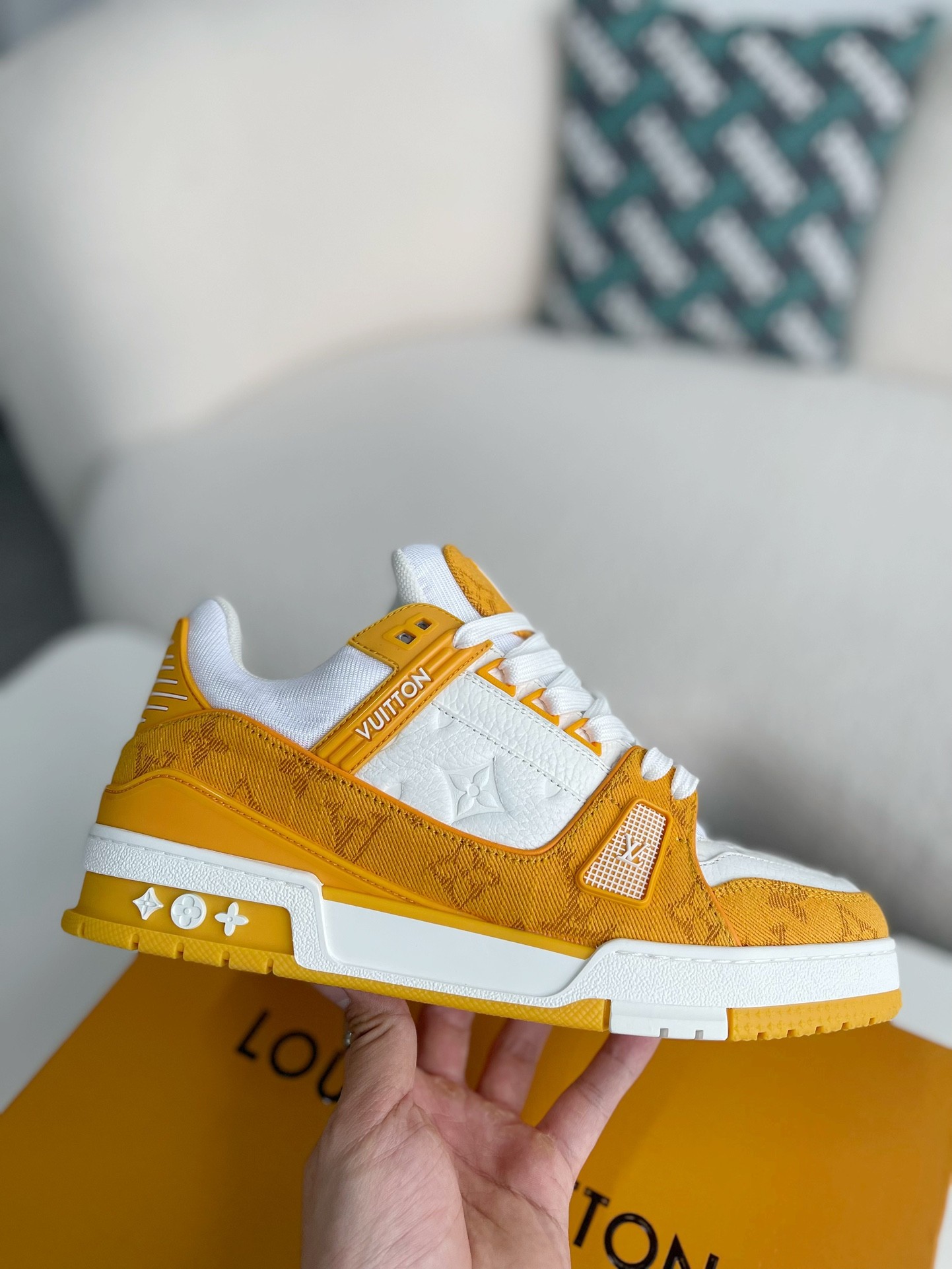 LOUIS VUITTON TRAINER 1A8FN8 Sneakers  Yellow /White  Leather and Denim LV Trainer Sneakers