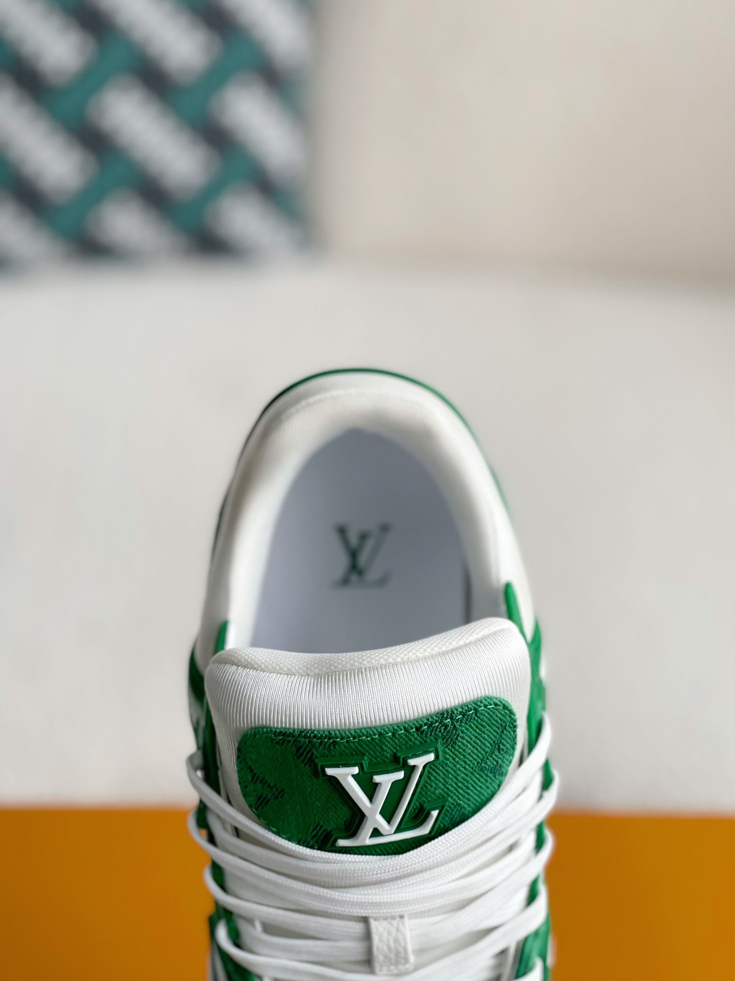 LOUIS VUITTON TRAINER 1A8FN8 Sneakers Green /White  Leather and Denim LV Trainer Sneakers