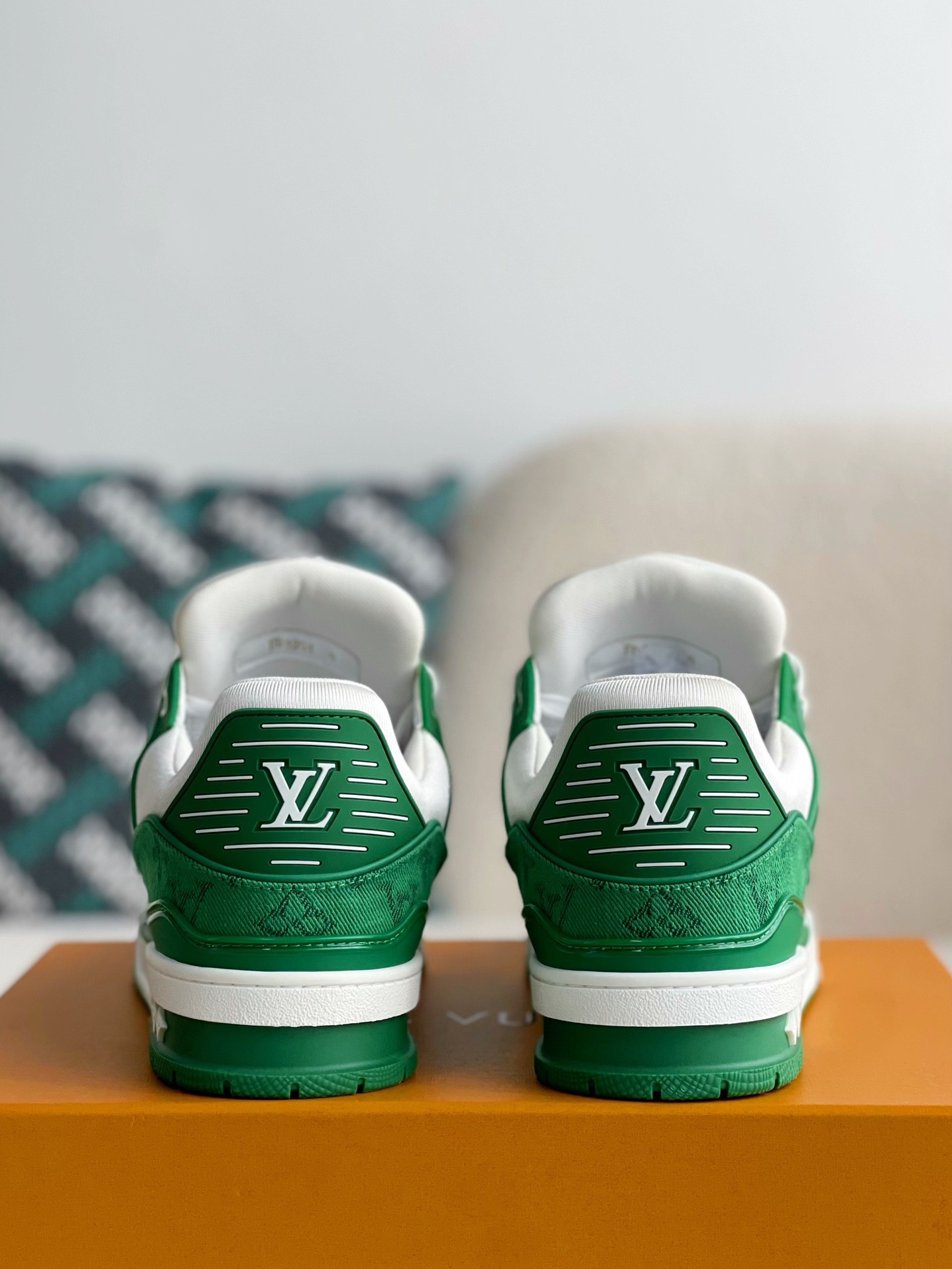 LOUIS VUITTON TRAINER 1A8FN8 Sneakers Green /White  Leather and Denim LV Trainer Sneakers