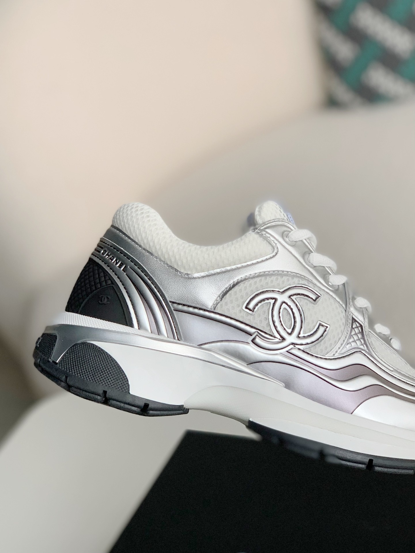  Chanel  CC Logo Runner Trainer Sneaker Silver